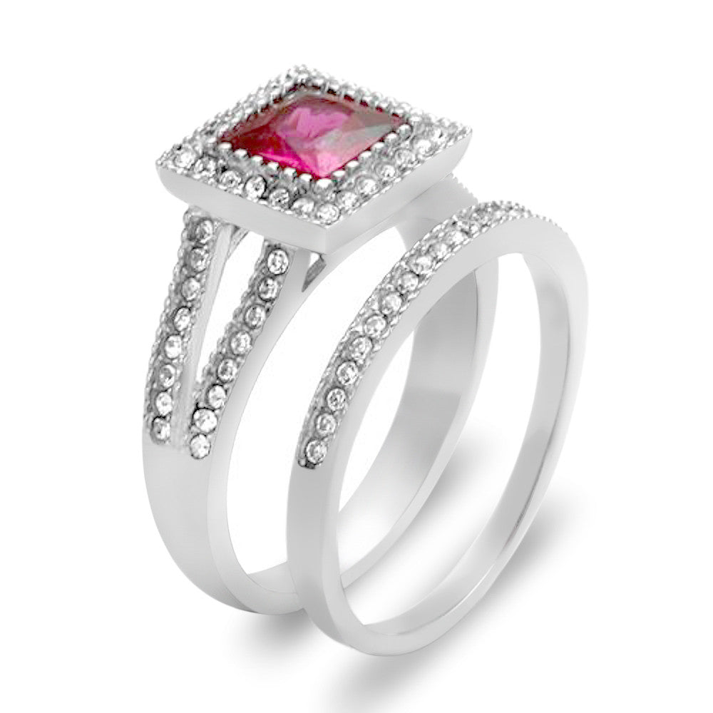ARTK2293 Stainless Steel 1.64 Ct Princess Cut Ruby Zirconia Halo Wedding Ring Set Sz 5-10